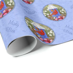 Papel De Presente Red Cardinals Bird House Flor Garden Blue