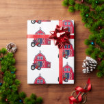 Papel De Presente Red Christmas Barn com Trator<br><div class="desc">Casca de fazenda vermelha de Natal com trator vermelho sobre fundo branco.</div>