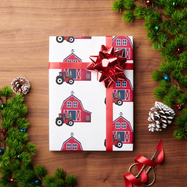 Papel De Presente Red Christmas Barn com Trator (Presente de Natal)
