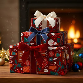 Papel De Presente Red Christmas Gift Wrapping Paper with Festive Ico