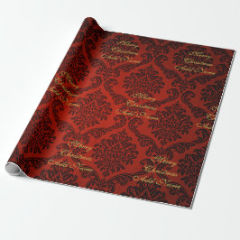 Papel De Presente Red Damask com Dourado Script Feliz Natal