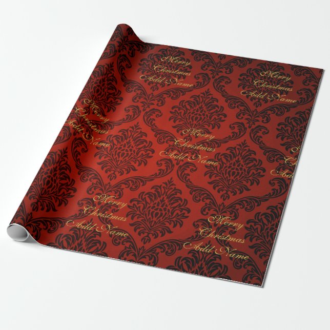 Papel De Presente Red Damask com Dourado Script Feliz Natal (Desenrolado)