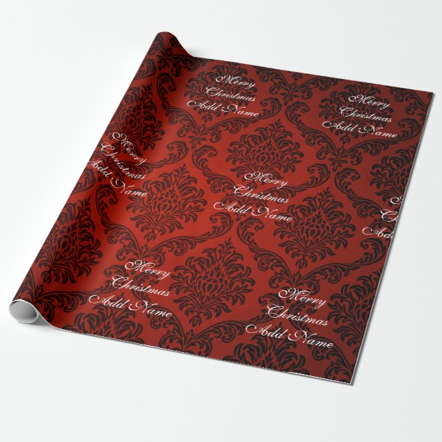 Papel De Presente Red Damask Feliz Natal com Nome Natal (Desenrolado)