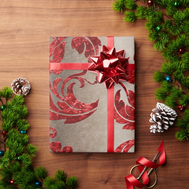 Papel De Presente Red Dourado Faux Velvet Damask Elegant (Presente de Natal)