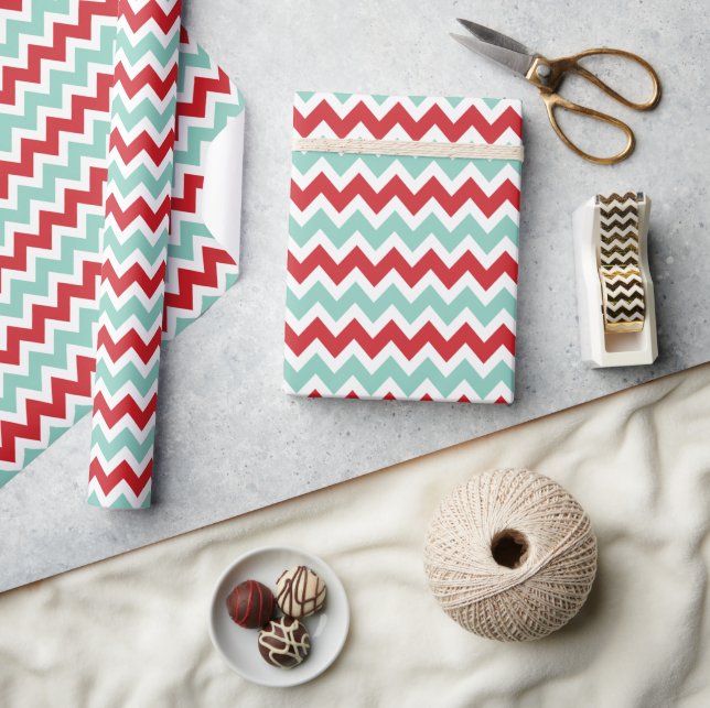 Papel De Presente Red e Aqua Christmas Zigzag Chevron Stripes (Artesanato)