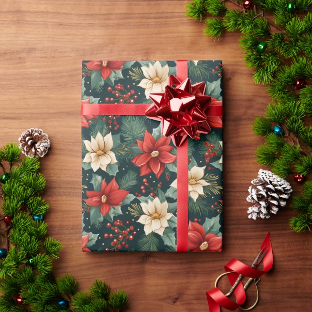 Papel De Presente Red e Cream Poinsettias com Berries (Presente de Natal)