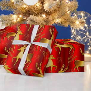 Papel De Presente Red e Reindet Ouros Metálicos Natal