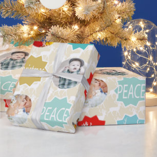 Papel De Presente Red Family Photo Reindeer Feliz de Natal Brilhante