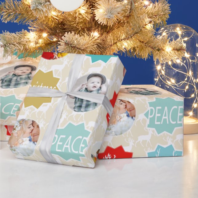 Papel De Presente Red Family Photo Reindeer Feliz de Natal Brilhante (Feriados)