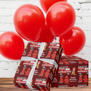 Papel De Presente Red Fire Truck Crianças Personalizadas Aniversário