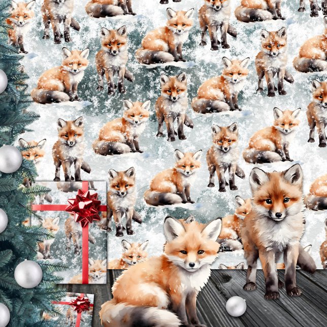 Papel De Presente Red Fox Cubs Snowy Winter Scense (Red Fox Cubs Snowy Winter Scene Wrapping Paper Rolls)