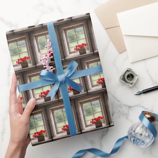 Papel De Presente Red Gerbera Daisies Na Janela De Farmhouse (Presentear)