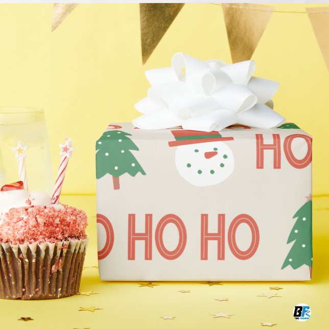 Papel De Presente Red Green Cream Playful Modern Snowman Tree X-mas (Criador carregado)