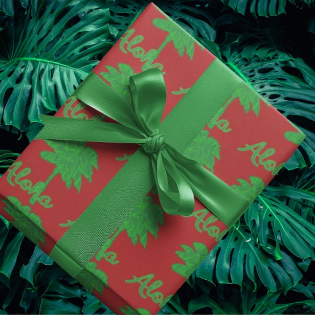 Papel De Presente Red Green Palm Aloha Tropical Holiday (Red and green tropical gift wrap)