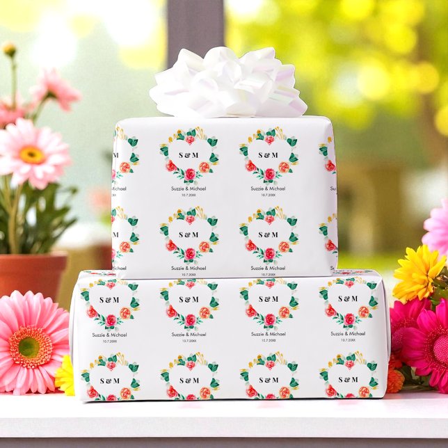 Papel De Presente Red Green Wedding Heart Floral (Criador carregado)