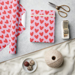 Papel De Presente Red Hand-Drawn Doodle Hearts Pattern on Pastel Pin