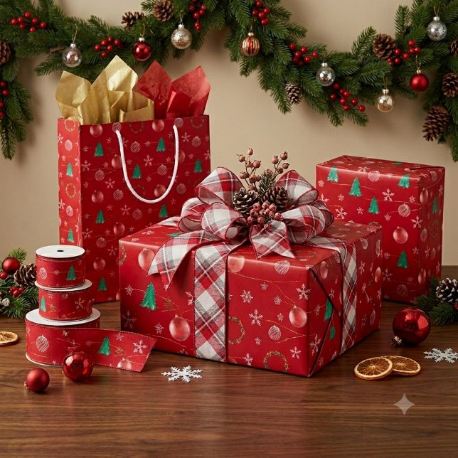 Papel De Presente Red Ornaments & Watercolor Pines Christmas  (Add a touch of elegance to your Christmas tree and gifts with our beautiful holiday decor accessorie)