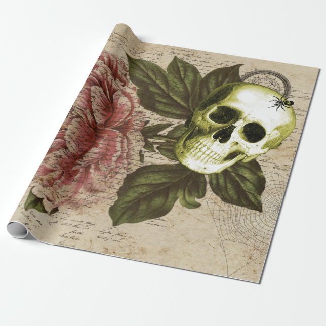 Papel De Presente Red Peony Steampunk Skull Ephemera (Desenrolado)