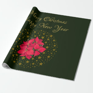 Papel De Presente Red Poinsettia Plant on glitter starstarry green s