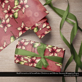 Papel De Presente Red Poinsettias e Snowflakes Natal