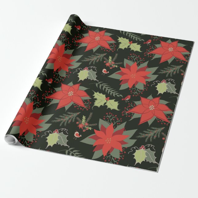 Papel De Presente Red Poinsettias Green Holly Christmas (Desenrolado)