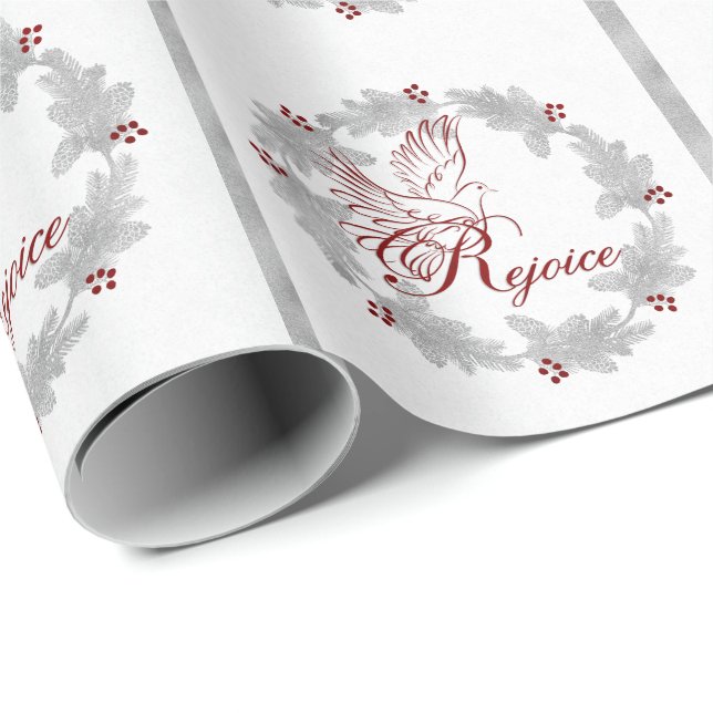 Papel De Presente Red Rejoice Silver Leaf Pine Wreath (Ponta do rolo)