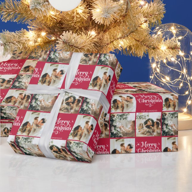 Papel De Presente Red Retro Felry Christmas Family 3 Photo Collage (Feriados)