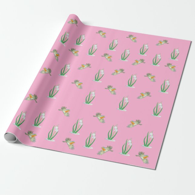 Papel De Presente Red Robin Birds e Snowdros, Galanthus nivalis (Desenrolado)