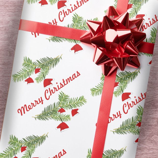Papel De Presente Red Santa Hat Ornaments on Pine Branch Christmas (Criador carregado)
