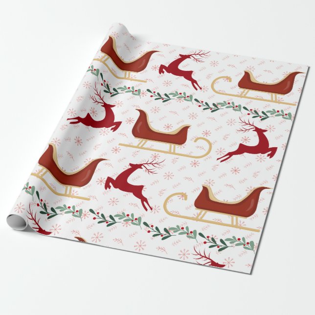 Papel De Presente Red Snowflake & Reindeer Wrapping Paper | Festive (Desenrolado)