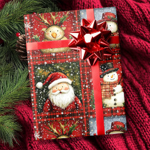 Papel De Presente Red Tartan Santa Clause Snowman Reindeer Natal