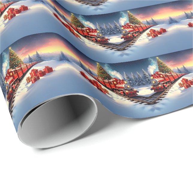 Papel De Presente Red Train Christmas Tree Holiday Wrapping Paper (Ponta do rolo)