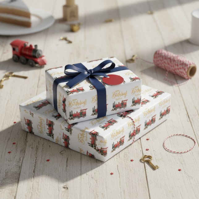 Papel De Presente Red Train Happy Birday (Red Train Happy Birthday Wrapping Paper)