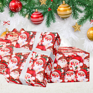 Papel De Presente Red Vintage Santa Claus Tartan Xadrez Natal
