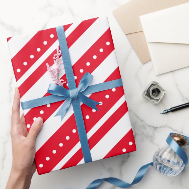Papel De Presente Red White Lines Dots Natal (Presentear)