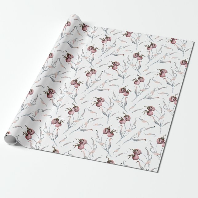 Papel De Presente Red Winter Berries Watercolor (Desenrolado)