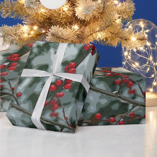 Papel De Presente Red Winter Berries Wrapay Paper (Feriados)