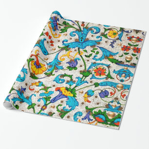 PAPEL DE PRESENTE REDAÇÕES FLORAIS AZUIS DA RENASCENÇA FLORENTINA, F