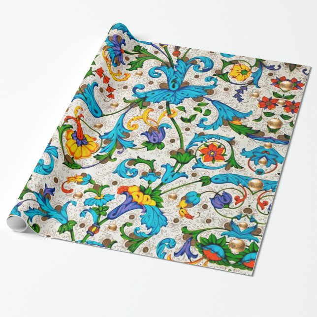 PAPEL DE PRESENTE REDAÇÕES FLORAIS AZUIS DA RENASCENÇA FLORENTINA, F (Desenrolado)