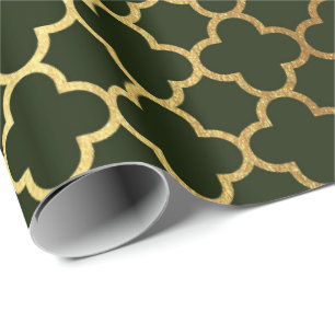 Papel De Presente Rede do art deco de Quatrefoil do ouro verde da