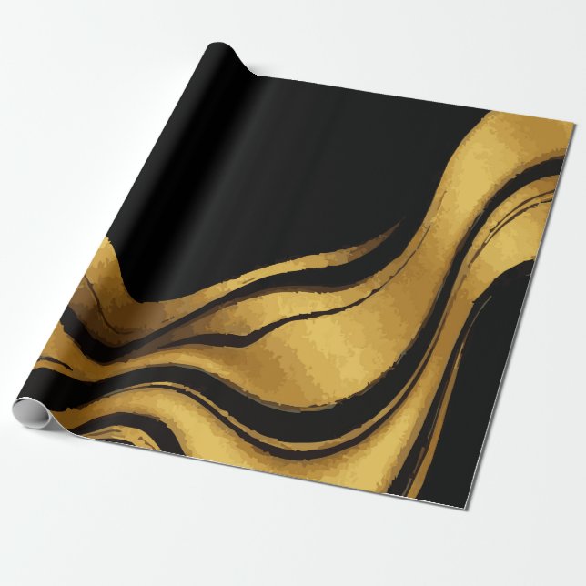 Papel De Presente Redemoinho Dourado em Padrão Preto – Presente de L (Desenrolado)