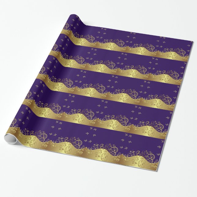 Papel De Presente Redemoinhos do ouro & roxo escuro (Desenrolado)