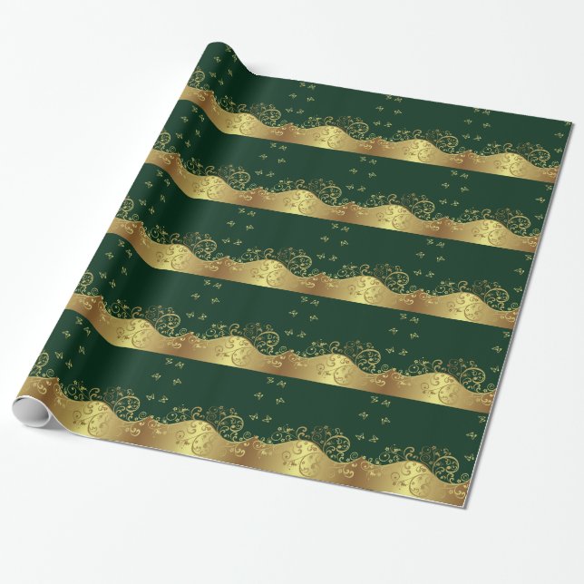 Papel De Presente Redemoinhos do ouro & verde escuro (Desenrolado)