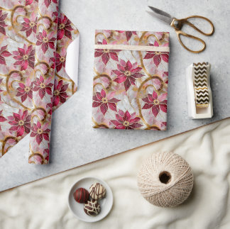 Papel De Presente Redemoinhos Dourados Burgundy Rosa Natal Poinsetti
