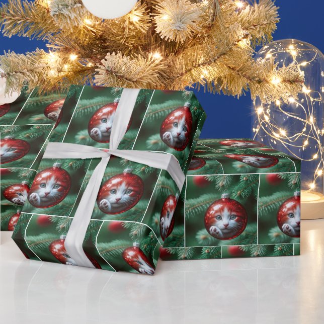Papel De Presente Reflexo do Gato em um Ornamento de Natal Vermelho (Feriados)