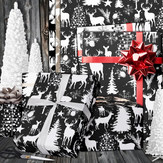 Papel De Presente Reinador Florestal Negro E Branco (Black And White Woodland Forest Reindeer Wrapping Paper In 6 & 15 foot long 30 inch rolls)