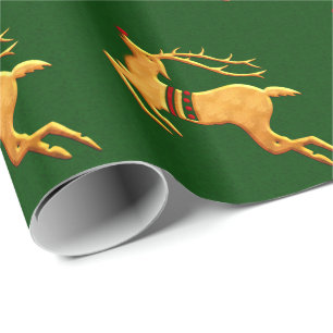 Papel De Presente Reinador Vermelho e Dourado sobre Damasco Verde