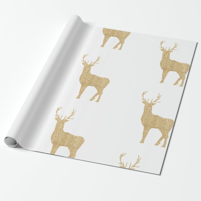 Papel De Presente Reindeado branco e Dourado de Natal (Desenrolado)
