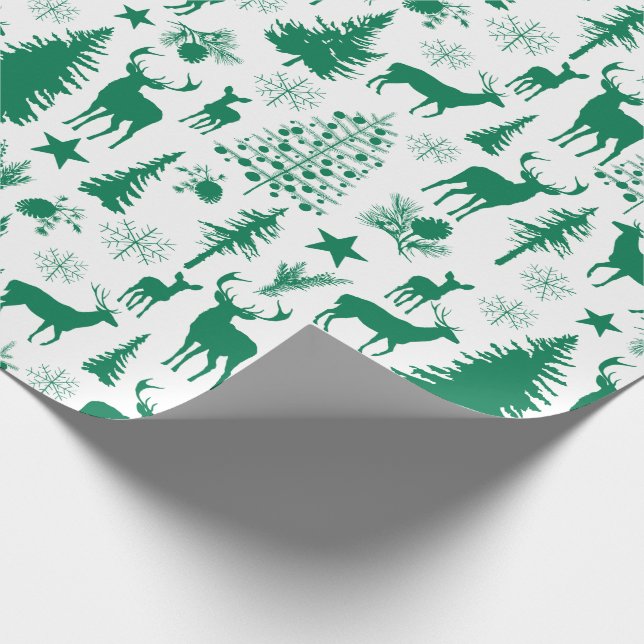 Papel De Presente Reindeador Florestal Branco E Verde (Ponta)