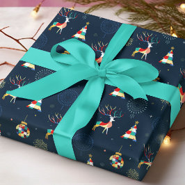 Papel De Presente Reindeer de Árvore de Natal Geométrica Moderna